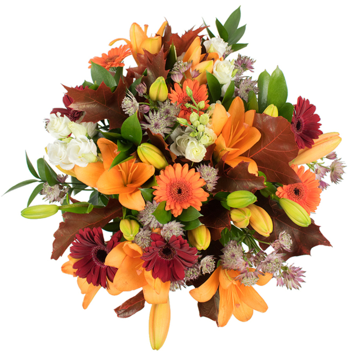 From a slightly elevated viewpoint against a pristine white surface, this autumn bouquet reads like a patchwork of late-season colour gathered from riverside paths near London Bridge. Dominating the view are several fully open orange Asiatic lilies, their broad, trumpet-shaped petals unfolded with dramatic elegance, and many smaller, tightly closed lily buds that add depth and the promise of ongoing bloom. Bright orange Gerbera daisies and deep burgundy-red Gerberas provide lively punctuation, their ray-like petals forming cheerful discs with dark centres that catch the eye. Creamy lisianthus blooms, with their soft, ruffled edges, offer luminous contrast and gentle texture while clusters of purple-grey Astrantia float through the arrangement like tiny, architectural stars. The bouquet's autumn identity is reinforced by substantial, lobed leaves in reddish-brown and chestnut shades - reminiscent of oak or fallen leaves from the nearby banks of the Thames - placed to suggest seasonal foliage caught in the arrangement. Fresh green leaves and slender stems weave through the dense composition, supplying structure and a crisp relief against the warmer tones. The lighting is bright and even, making textures from satiny petals to papery leaves vividly tactile, as if you could trace each vein. This composition feels professionally arranged yet warmly rustic, suited for Thanksgiving centrepieces, harvest celebrations, or a thoughtful gift to mark an autumn birthday. It evokes the harvest season, the comforting scent of late blooms, and the sense of bringing the outside in - a confident, abundant arrangement that captures the palette and mood of fall in Bankside.