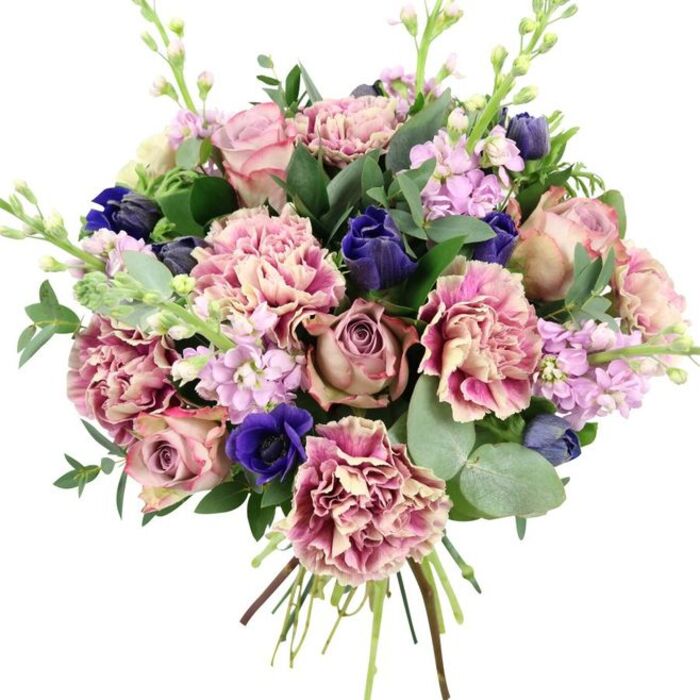 Against a clean white background, this hand-tied bouquet appears as a sophisticated blend of colour and texture, much like the mix of old warehouses and modern galleries that define Bankside. At its core, several large garden roses in dusty rose, blush pink, and gentle mauve create a focal point of timeless elegance, their densely packed petals spiralling outward in soft, romantic curves. Embracing these central blooms are voluminous ruffled carnations, each blossom a tapestry of creamy beige shifting into blush and rose tones at the feathered edges, adding plush fullness and a sense of movement. Cutting through the gentle warmth of the pinks, deep indigo and royal blue flowers add drama: some held in compact, bud-like forms, others-particularly a prominent open anemone with a nearly black centre-offering velvety disks of intense colour low in the arrangement. Tall, graceful stems of lilac and pale lavender stock weave upward between the larger blooms, their many small flowers clustered along each stem to introduce airy vertical lines and the idea of a light, nostalgic fragrance. The composition is framed by contrasting foliage: smooth, rounded eucalyptus leaves in silvery-green tones and darker, glossy greenery that provide structure and a natural, just-cut freshness. The stems of all the flowers gather neatly at the base, clearly visible as they are bound into a classic hand-tied bouquet, ready for local delivery around Bankside, Blackfriars, and along the riverside walkways. The overall palette of pinks, purples, blues, and greens creates a luxurious yet approachable design, perfectly suited to mark special occasions, from anniversaries to celebratory dinners overlooking the river.
