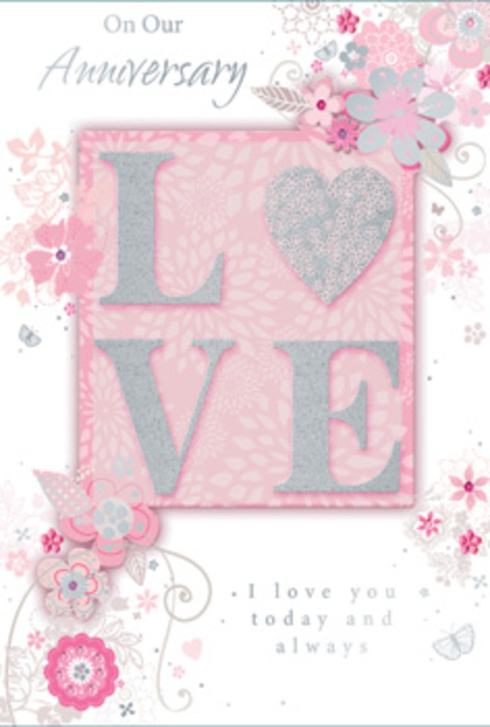 This anniversary card opens like a beam of soft sunlight filtering into a Bankside flat, quietly honouring the love shared day after day. The central motif, the word LOVE, is rendered in raised, frosted glitter lettering that plays with the light, much like the shimmering reflections on the water by the Millennium Bridge. Each letter is smooth yet subtly textured, edged with tiny silvery highlights that give a sense of depth and luxury beneath the fingertips. Drifting around the central word, a cascade of wispy, hand-drawn blooms decorates the borders, their petals in shades of pink, lilac, and ivory blending gently into one another. The flowers are drawn with fine, sketch-like lines, as if a florist had paused between stems to capture the spirit of an arrangement destined for a romantic table near the Globe Theatre. Soft sprays of foliage stretch outward, delicate leaves and tendrils curling in gentle arcs. Tucked among the florals are nearly hidden butterflies and tiny flourishes that suggest the subtle flutter of hearts and the lightness of shared laughter. The background is a soft, muted pink wash, offering calm and warmth without dominating the design. Within this floral frame lies the message I love you today and always, printed in a graceful yet understated typeface that feels as personal as a handwritten note slipped into a bouquet from a local Bankside florist. The card as a whole feels like a hand-tied arrangement translated into paper: intimate, tender, and artfully balanced, capturing the quiet joy of an anniversary celebrated in the heart of London's riverside streets.